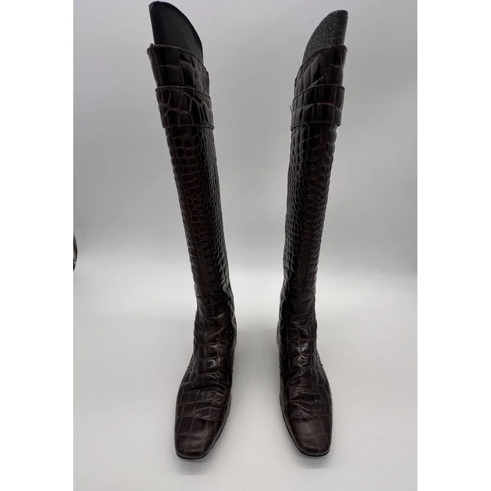 Tory Burch Brown Crocodile embossed leather riding boot Gold Heel & Logo Size‎ 7